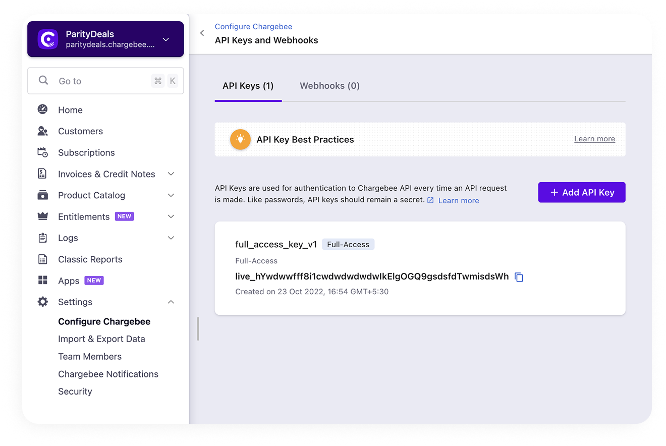 Create and copy a Chargebee API key