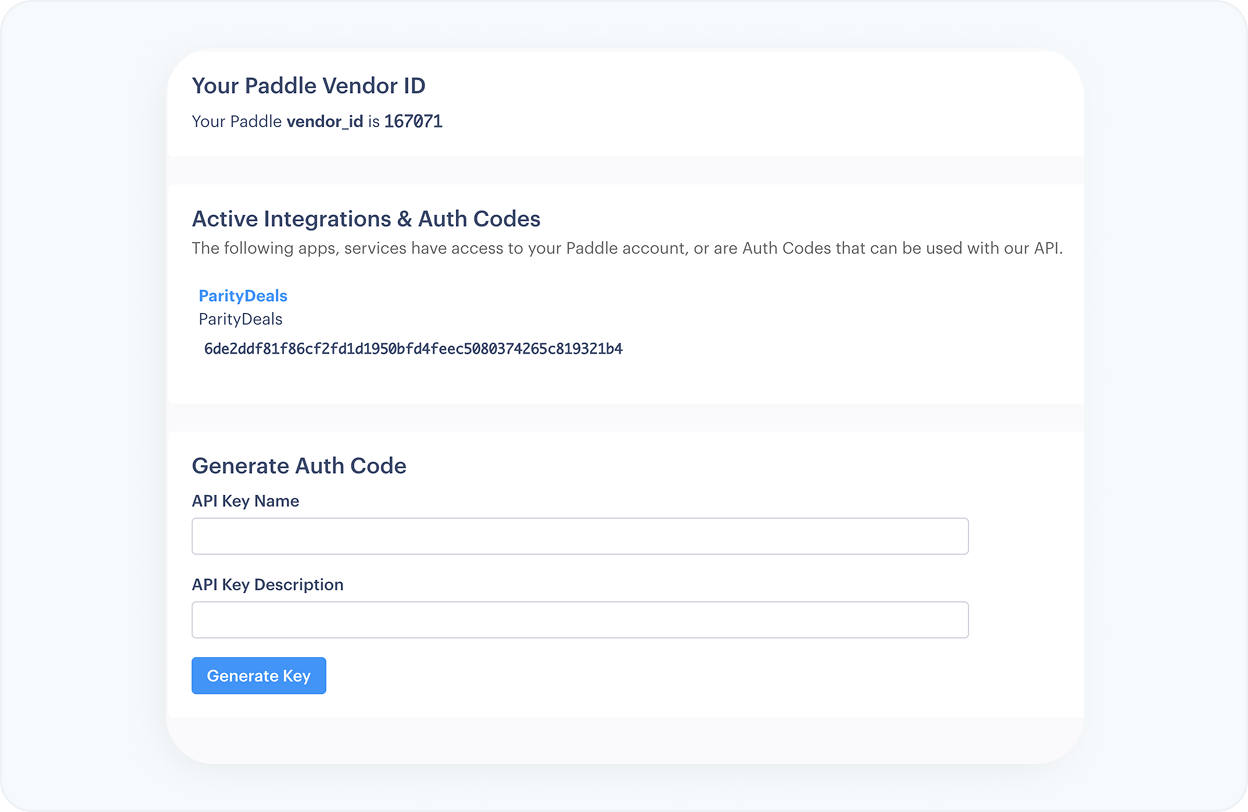 Create and copy a Paddle vendor ID and auth code