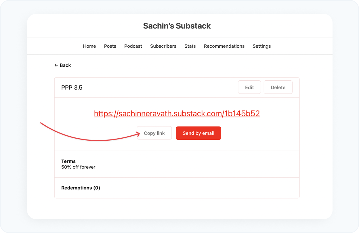 Copy offer links from your Substack special offers list