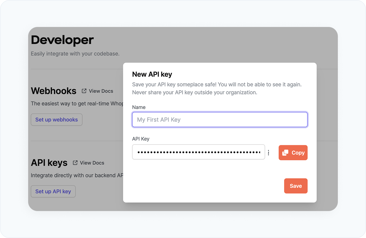 Create and copy a Whop API key